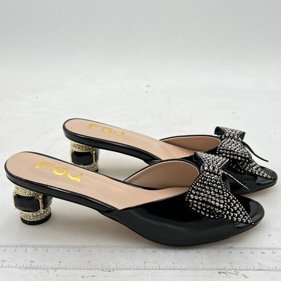 FSJ Black Low Heel Rhinestone Bow Mule Sandals Peep Toe Crystal Slipper - Picture 4 of 8